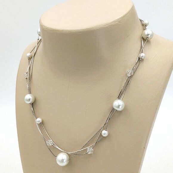 Faux Pearl & Crystal 3 Strand Necklace - Picture 2 of 6